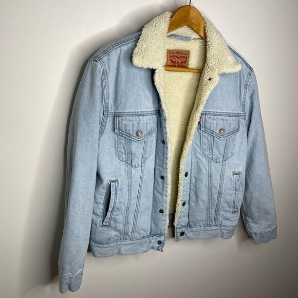Levi’s Sherpa Women's Light Blue Fleece Collared Denim Jean Jacket Size Small S - Picture 2 of 9